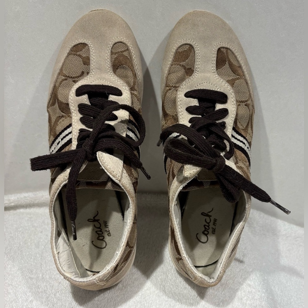 COACH Beyla Sneakers Khaki Signature Jacquard Suede Tennis Shoes Size 7 Brown - Picture 9 of 9